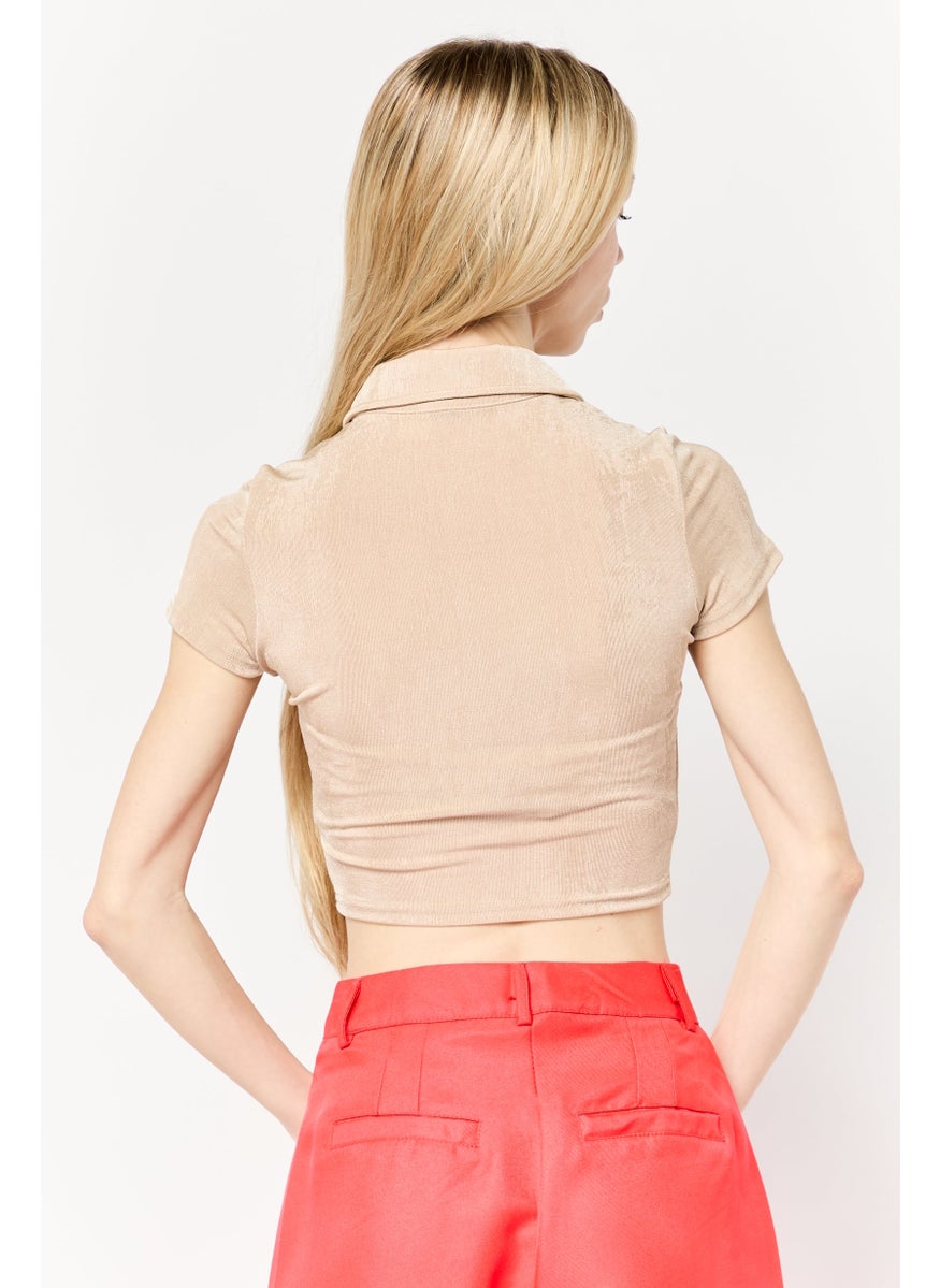 Divided by H&M Women Spread Collar Textured Blouse, Dark Beige  - Image 3