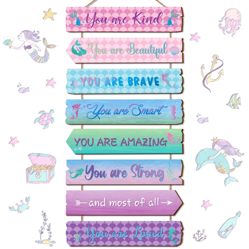 Qunclay Inspirational Girl Room Decor Aesthetic Art Wall Hanging Sign Inspiring Colorful Rainbow Wooden Decoration for Kids Teens Toddler Boy Baby Bedroom Nursery Dorm Decor, 6-12 Years old (Mermaid) - Image 1