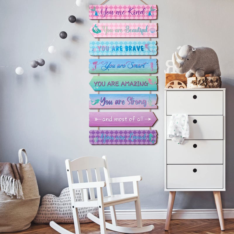 Qunclay Inspirational Girl Room Decor Aesthetic Art Wall Hanging Sign Inspiring Colorful Rainbow Wooden Decoration for Kids Teens Toddler Boy Baby Bedroom Nursery Dorm Decor, 6-12 Years old (Mermaid) - Image 5