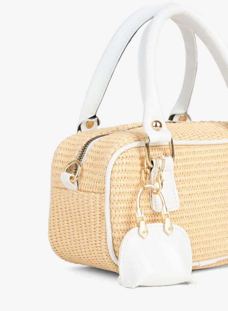 Women's Sedir Straw White Charm-Accessory Zipper-Closure Hand, Arm and Shoulder Bag.