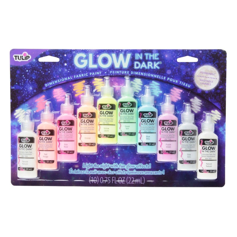Tulip Glow in the Dark Dimensional Fabric Paint Permanent DIY Fashion Art MultiSurface Craft Paint Great for Costumes Pumpkins Decor Pack of 10