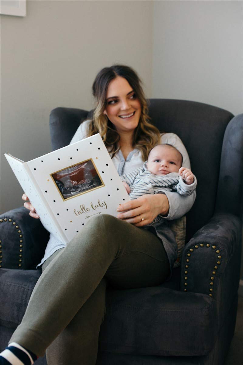 Pearhead Hello Baby First 5 Years Memory Book, Gender-Neutral Baby Keepsake for New and Expectant Parents, Pregnancy And Milestone Journal, Modern Minimalist Black and Gold Polka Dot - Image 2