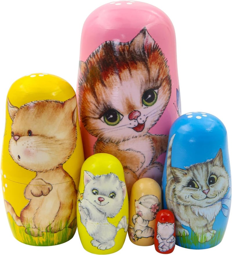 Winterworm Cute Cat Nesting Dolls Set  6 Piece Colorful Kitty Wooden Russian Matryoshka Dolls for Kids Boys Girls  Perfect for Mothers Day Christmas Birthday Gifts  - Image 1