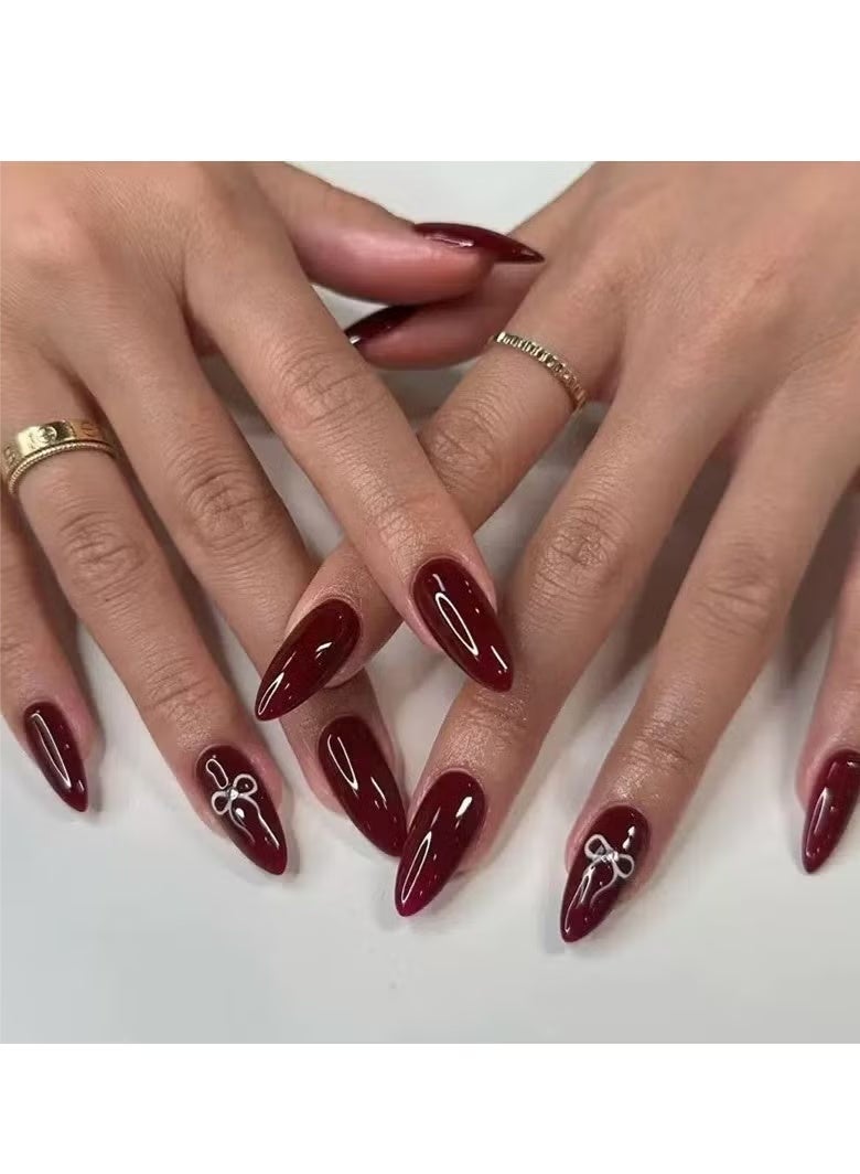 Gecomo Press On Nails 24Pcs,Almond-shaped Burgundy False Nails With Elegant Bow Patterns,Medium Fake Acrylic Nails With Glue Kit - Image 1