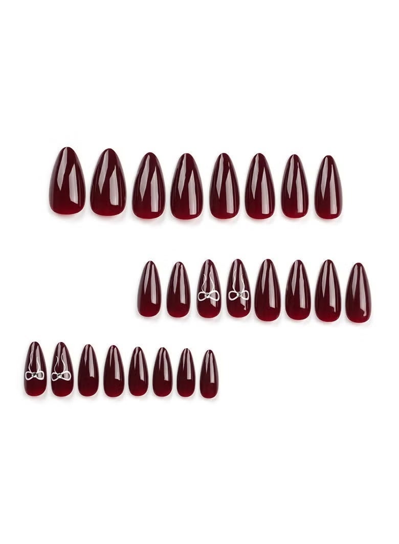 Gecomo Press On Nails 24Pcs,Almond-shaped Burgundy False Nails With Elegant Bow Patterns,Medium Fake Acrylic Nails With Glue Kit - Image 3