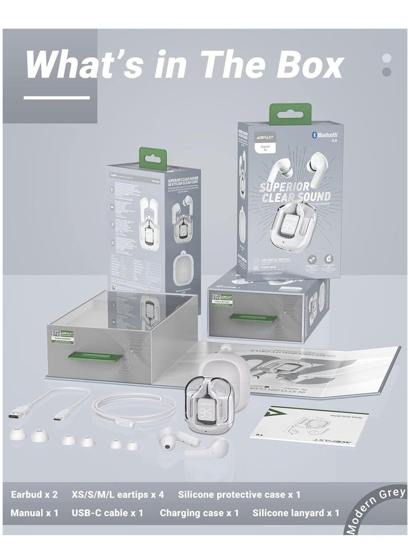 ACEFAST T6 Wireless Earbuds Bluetooth Headphones with ENC Noise Canceling Translucent Earphones Grey - Image 1