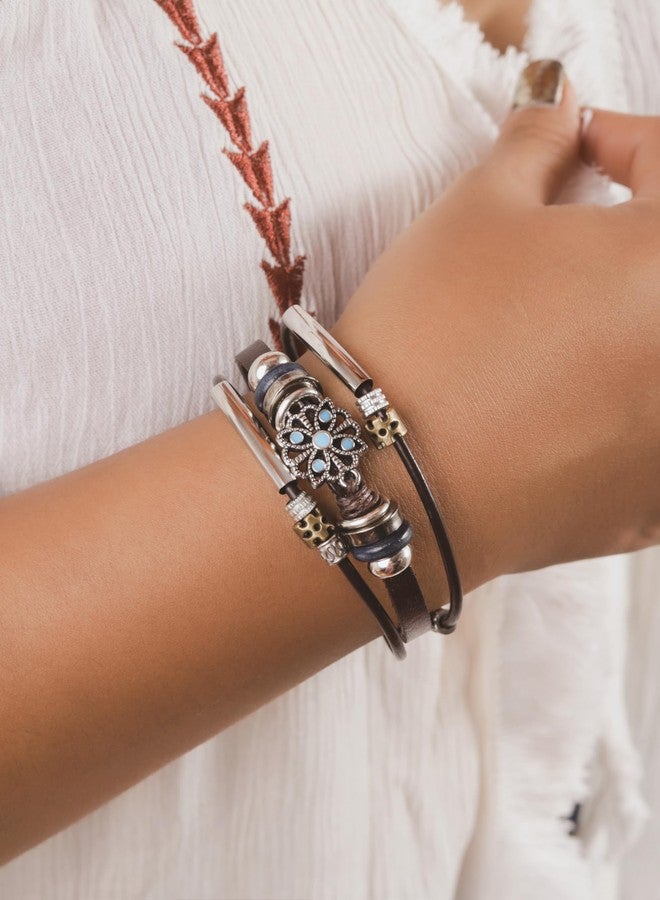 MINACHI Created Turquoise Floral Beaded Bracelet, Bohemian Multi-Layer Leather Stacking Style, Gift for Her - Image 4
