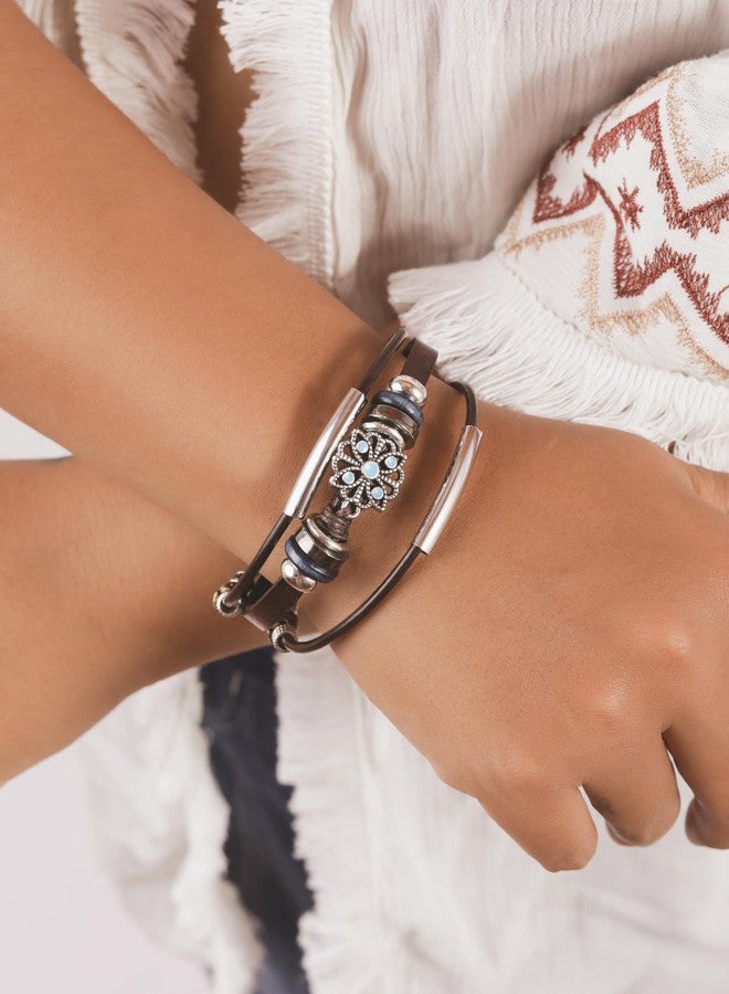 MINACHI Created Turquoise Floral Beaded Bracelet, Bohemian Multi-Layer Leather Stacking Style, Gift for Her - Image 3