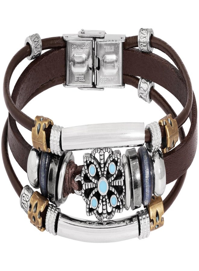 MINACHI Created Turquoise Floral Beaded Bracelet, Bohemian Multi-Layer Leather Stacking Style, Gift for Her - Image 1