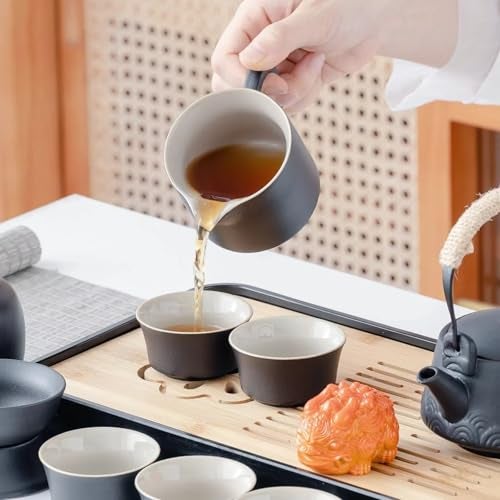 ICHAG Japanese & Chinese Tea Set, Adults' Portable Gongfu Tea Set with Teapet with Porcelain Teapot, 8oz Teapot,14-Piece 茶具 for Home/Outdoor/Office Gifts (Gray) - Image 3