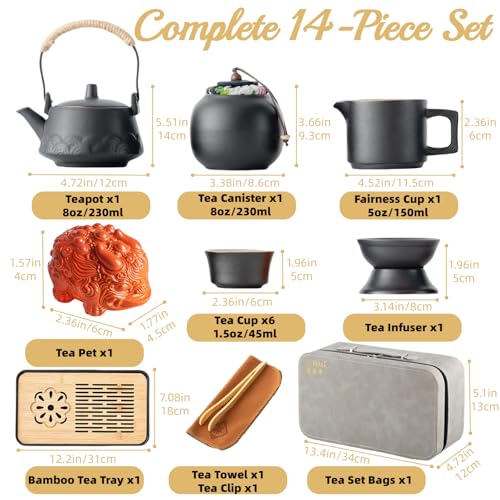 ICHAG Japanese & Chinese Tea Set, Adults' Portable Gongfu Tea Set with Teapet with Porcelain Teapot, 8oz Teapot,14-Piece 茶具 for Home/Outdoor/Office Gifts (Gray) - Image 4