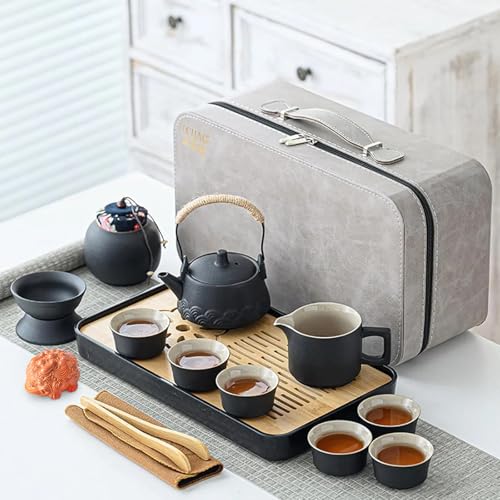 ICHAG Japanese & Chinese Tea Set, Adults' Portable Gongfu Tea Set with Teapet with Porcelain Teapot, 8oz Teapot,14-Piece 茶具 for Home/Outdoor/Office Gifts (Gray) - Image 1