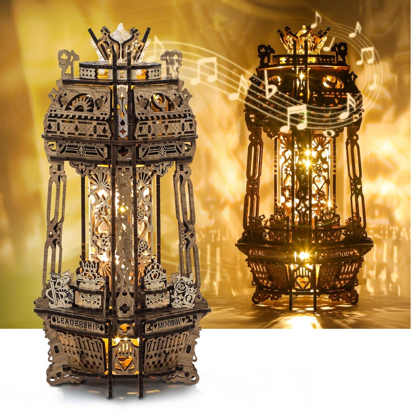 FUNPOLA LED 3D Wood Puzzle Poker World Projector Lamp â€“ DIY Craft Kit with LED Lights and Music Box â€“ Creative Poker-Themed Lamp, Nightlight Gift for Home DÃ©cor (White Maple) - Image 1