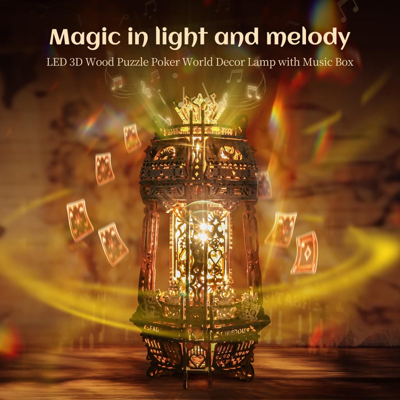 FUNPOLA LED 3D Wood Puzzle Poker World Projector Lamp â€“ DIY Craft Kit with LED Lights and Music Box â€“ Creative Poker-Themed Lamp, Nightlight Gift for Home DÃ©cor (White Maple) - Image 2