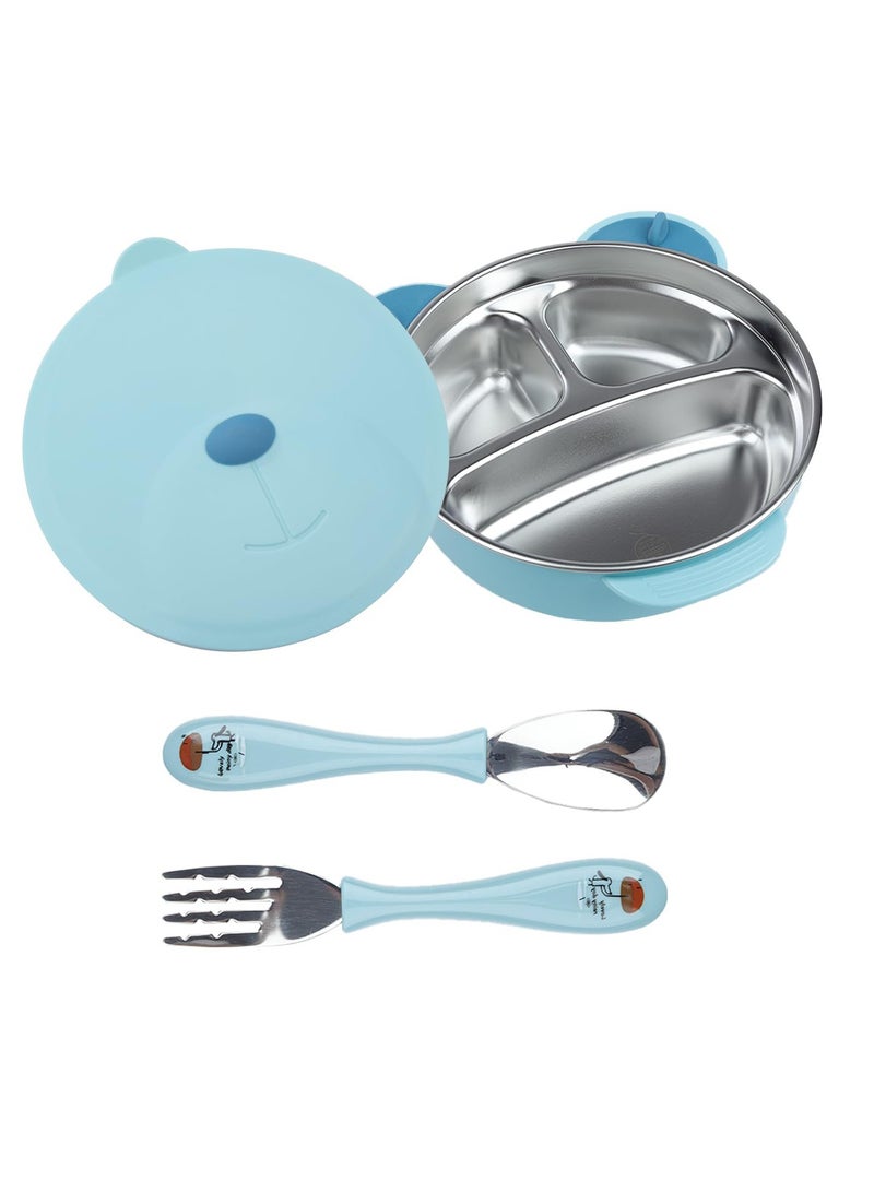 Excefore Stainless Steel Baby Feeding Bowl, Stainless Steel Kids Plates, Stainless Steel Baby Bowls, Toddler Suction Plate with Lid Spoon and Fork, Perfect for Children, Blue - Image 1