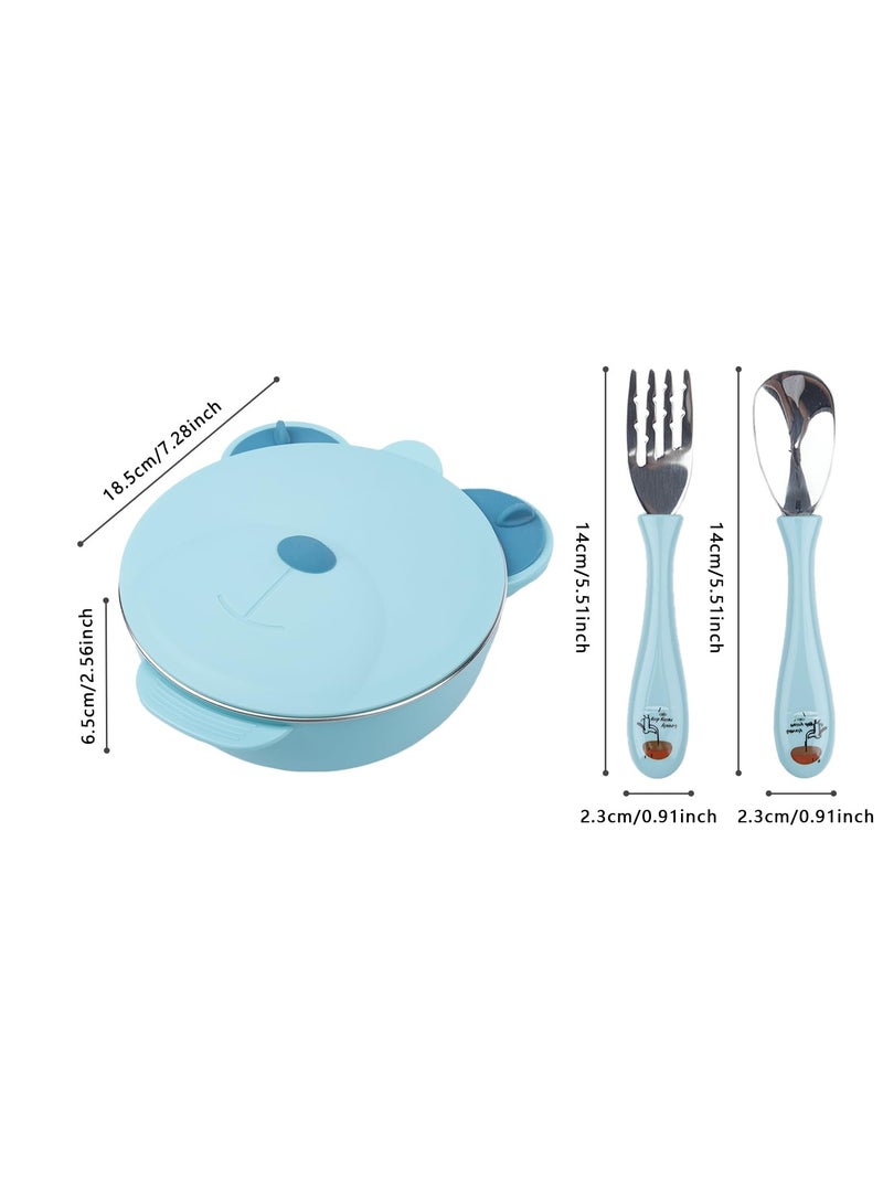Excefore Stainless Steel Baby Feeding Bowl, Stainless Steel Kids Plates, Stainless Steel Baby Bowls, Toddler Suction Plate with Lid Spoon and Fork, Perfect for Children, Blue - Image 3