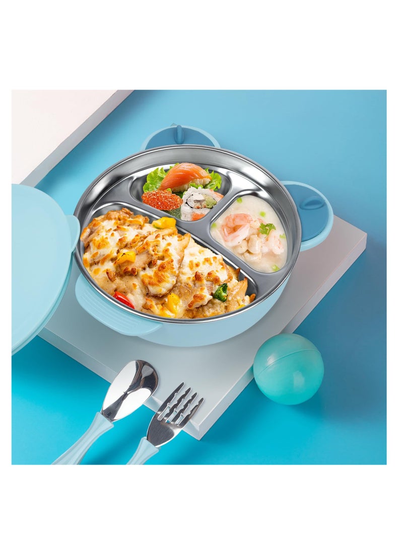 Excefore Stainless Steel Baby Feeding Bowl, Stainless Steel Kids Plates, Stainless Steel Baby Bowls, Toddler Suction Plate with Lid Spoon and Fork, Perfect for Children, Blue - Image 2