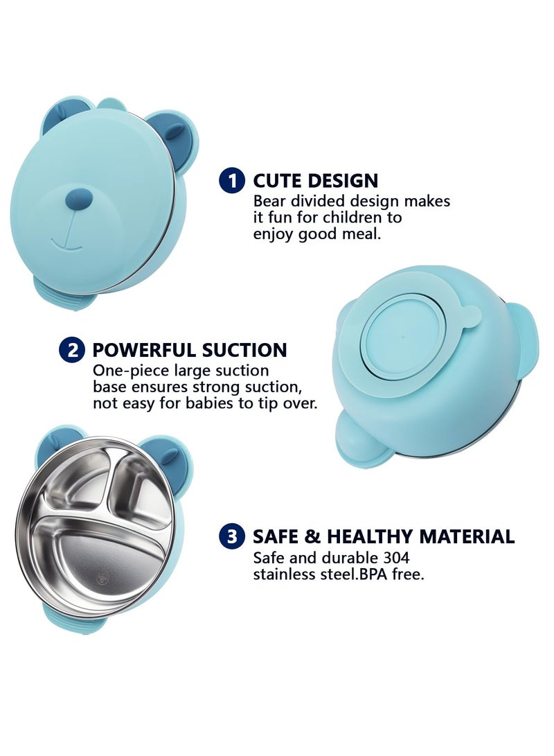 Excefore Stainless Steel Baby Feeding Bowl, Stainless Steel Kids Plates, Stainless Steel Baby Bowls, Toddler Suction Plate with Lid Spoon and Fork, Perfect for Children, Blue - Image 4