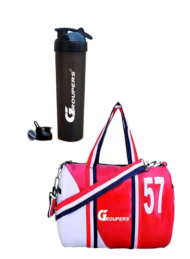 Groupers 20-25L Red & White Gym Bag Combo - 43×25×23 cm Waterproof Duffle + 700ml BlenderBottle Shaker, Gym & Travel Kit, Workout Accessories, Gift for Gym Lovers - Image 2