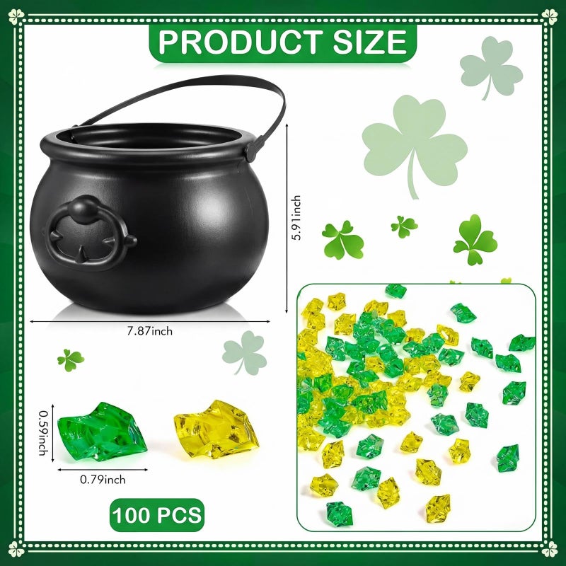 Sratte 308 Pcs St Patrick's Day Candy Cauldron Kettle with Handle Set, Pot of Gold Shamrock Coin Gem Leprechaun Clover Necklace Lucky Jewelry Treasure for Table Decor Centerpiece (Retro,Black) - Image 2