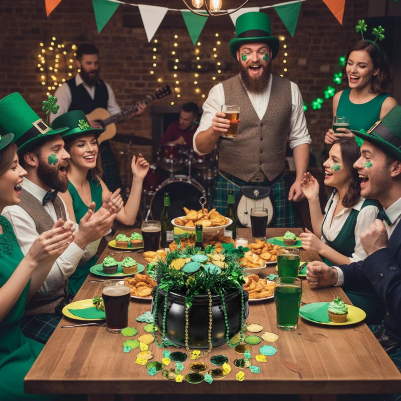 Sratte 308 Pcs St Patrick's Day Candy Cauldron Kettle with Handle Set, Pot of Gold Shamrock Coin Gem Leprechaun Clover Necklace Lucky Jewelry Treasure for Table Decor Centerpiece (Retro,Black) - Image 5