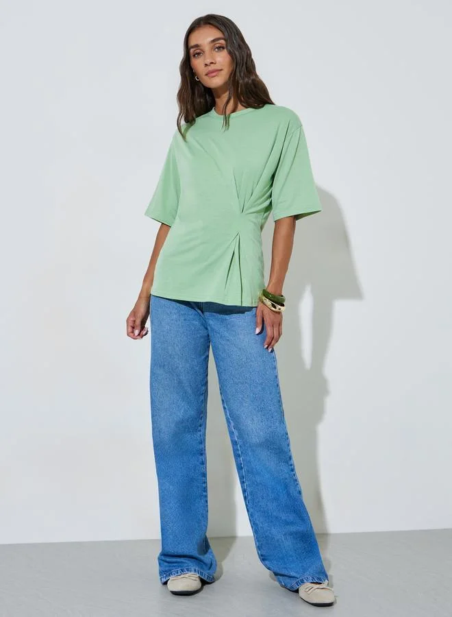 Styli Green Solid Pleated Regular Fit T-shirt