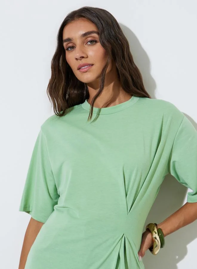 Styli Green Solid Pleated Regular Fit T-shirt