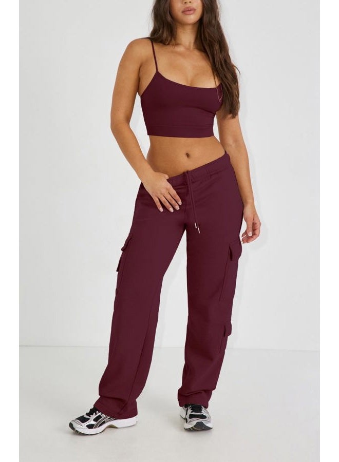 Waitfairy Wide Leg Sweatpants Women Cargo Pants for Girls High Waisted Baggy Sweatpants for Women Casual Pants with Pockets, Red, L - Image 2