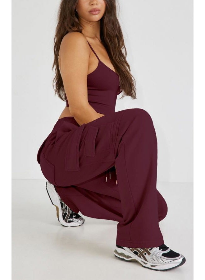 Waitfairy Wide Leg Sweatpants Women Cargo Pants for Girls High Waisted Baggy Sweatpants for Women Casual Pants with Pockets, Red, L - Image 4