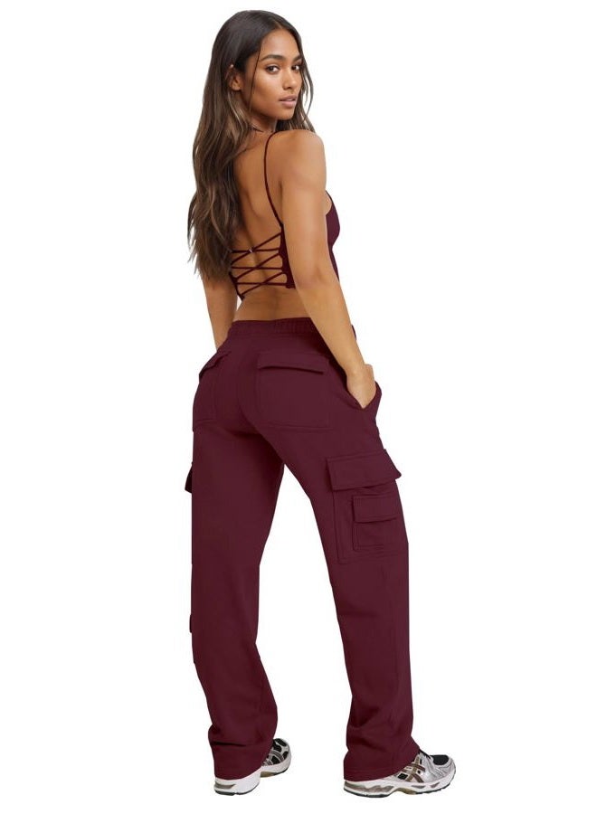 Waitfairy Wide Leg Sweatpants Women Cargo Pants for Girls High Waisted Baggy Sweatpants for Women Casual Pants with Pockets, Red, L - Image 5