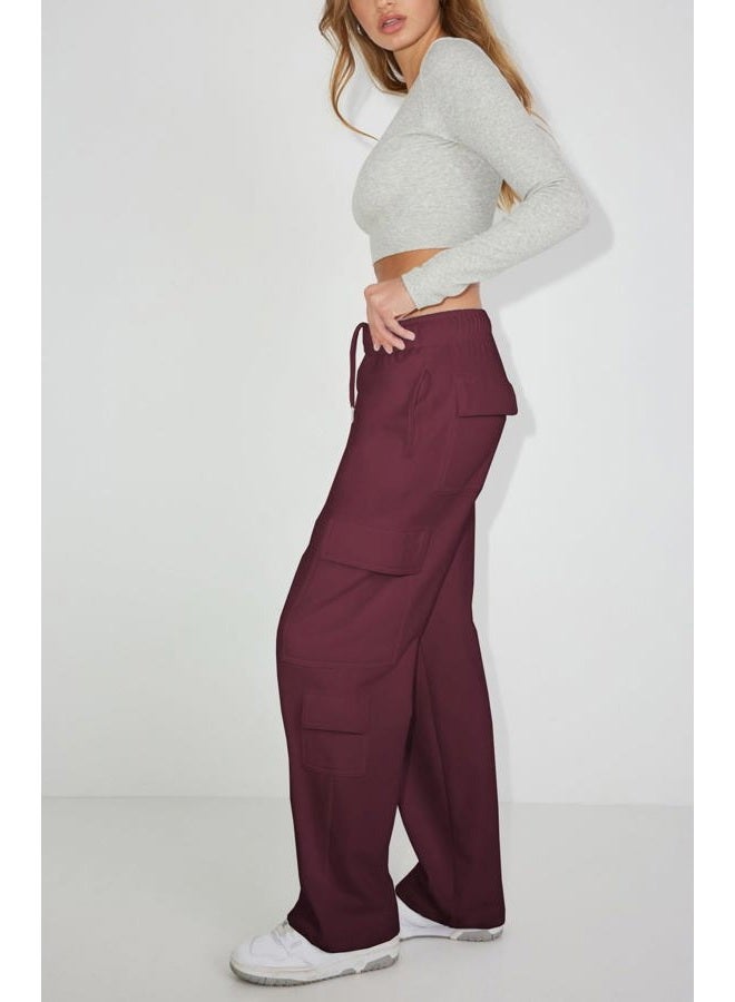 Waitfairy Wide Leg Sweatpants Women Cargo Pants for Girls High Waisted Baggy Sweatpants for Women Casual Pants with Pockets, Red, L - Image 3