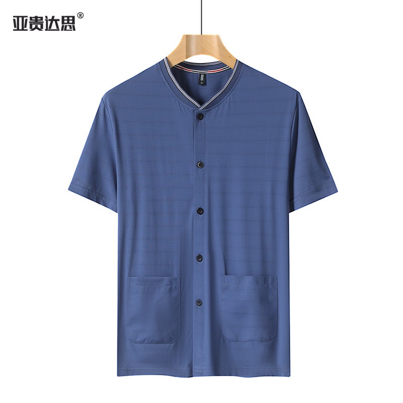 Middle-Aged And Elderly Summer Short-Sleeved T-Shirt Top Breathable Thin Ice Silk Cardigan Dad'S Old Head Shirt Quick-Drying Base Shirt - Image 1