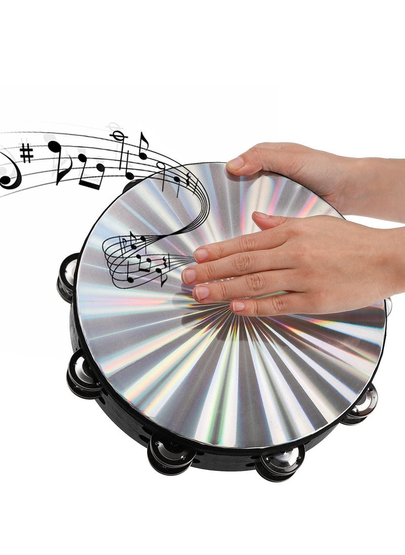Generic Radiant Tambourine, Handbell Hand Drum with Double Row Jingles Reflective Drum Musical Instrument for Church Adults KTV Party ( 8 inch )  - Image 1