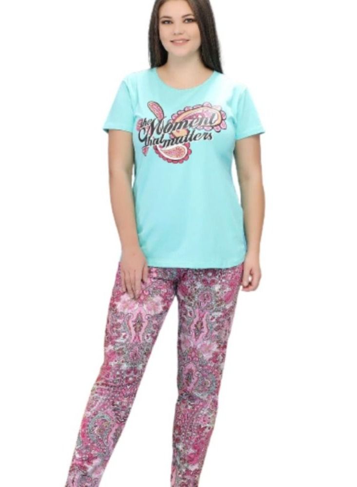 Ganna Women's short-sleeved pyjamas and summer long pants made of cotton large sizes 