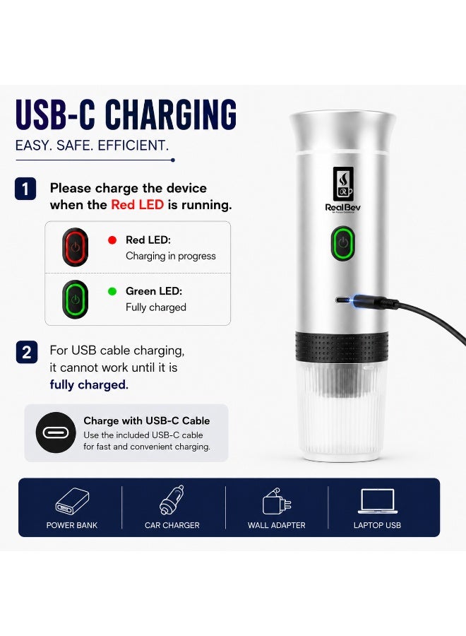 RealBev Portable Espresso Coffee Maker | USB Rechargeable Coffee Machine for Travel, Car, Camping & Office | Compatible with Ground Coffee & Capsules | Compact One-Touch Brewing - Image 3