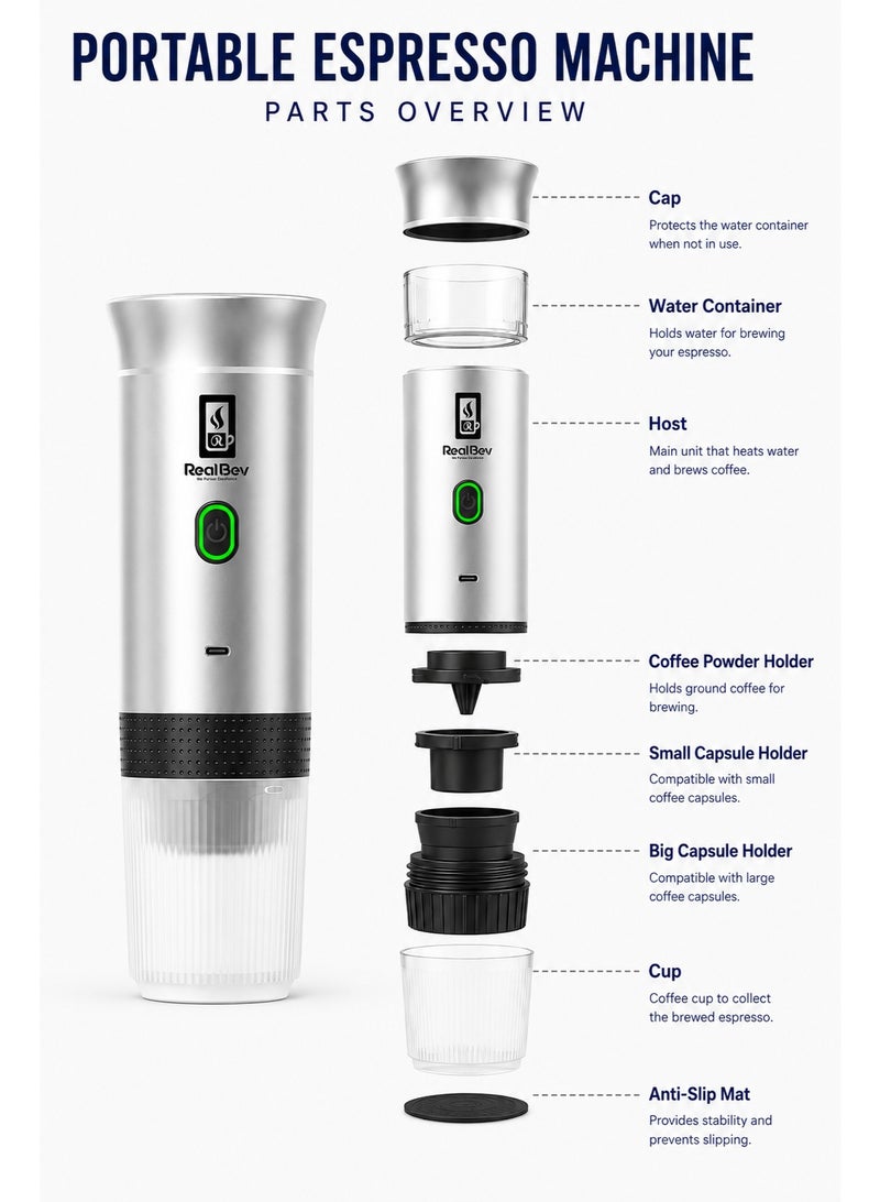 RealBev Portable Espresso Coffee Maker | USB Rechargeable Coffee Machine for Travel, Car, Camping & Office | Compatible with Ground Coffee & Capsules | Compact One-Touch Brewing - Image 4