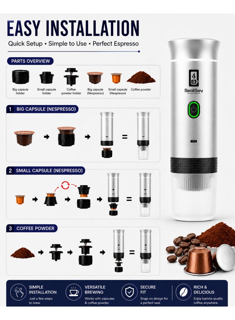 RealBev Portable Espresso Coffee Maker | USB Rechargeable Coffee Machine for Travel, Car, Camping & Office | Compatible with Ground Coffee & Capsules | Compact One-Touch Brewing - Image 5
