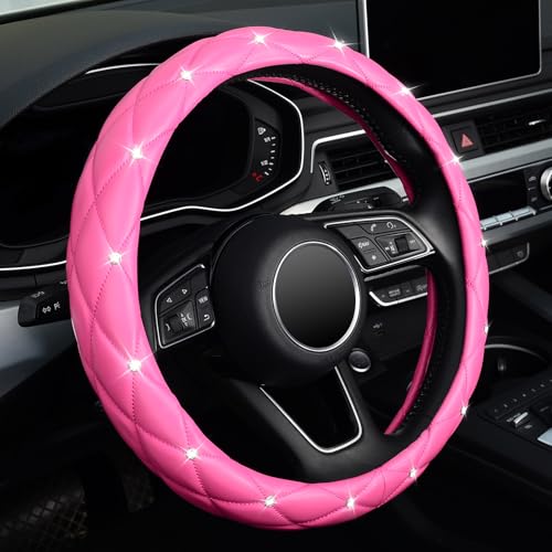 KAFEEK Diamond Leather Steering Wheel Cover with Bling Bling Crystal Rhinestones, Universal 15 inch,Dark Pink - Image 1