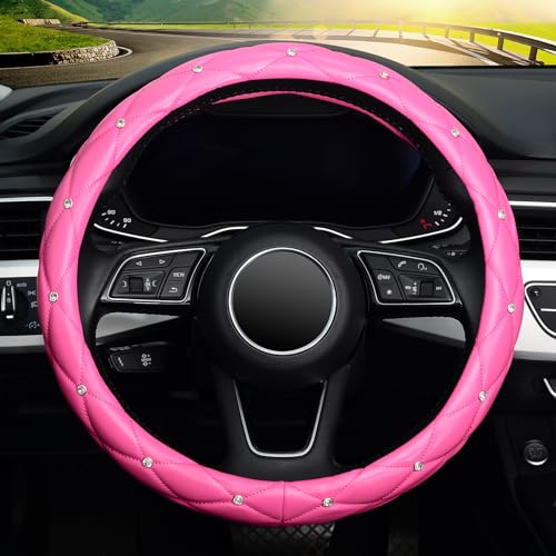 KAFEEK Diamond Leather Steering Wheel Cover with Bling Bling Crystal Rhinestones, Universal 15 inch,Dark Pink - Image 2
