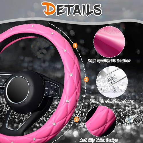 KAFEEK Diamond Leather Steering Wheel Cover with Bling Bling Crystal Rhinestones, Universal 15 inch,Dark Pink - Image 5