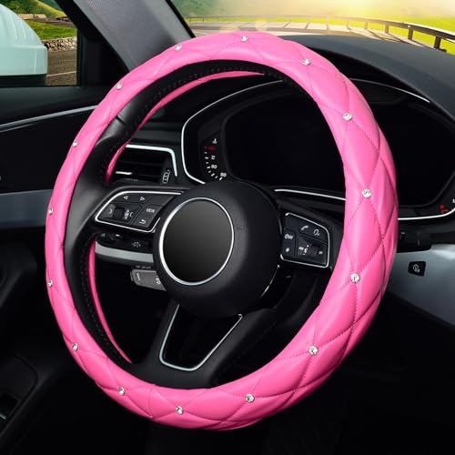KAFEEK Diamond Leather Steering Wheel Cover with Bling Bling Crystal Rhinestones, Universal 15 inch,Dark Pink - Image 3