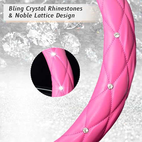 KAFEEK Diamond Leather Steering Wheel Cover with Bling Bling Crystal Rhinestones, Universal 15 inch,Dark Pink - Image 4