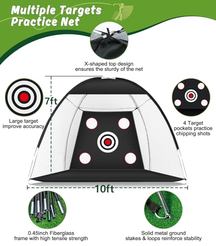 MUVPOH Golf Net: 10x7ft Golf Practice Net for Backyard Chipping Driving with Dual-Turf Golf Hitting Mat, All-in-1 Outdoor Indoor Golf Hitting Net with Multiple Targets, Golf Aid for Men/Golf Lovers - Image 2