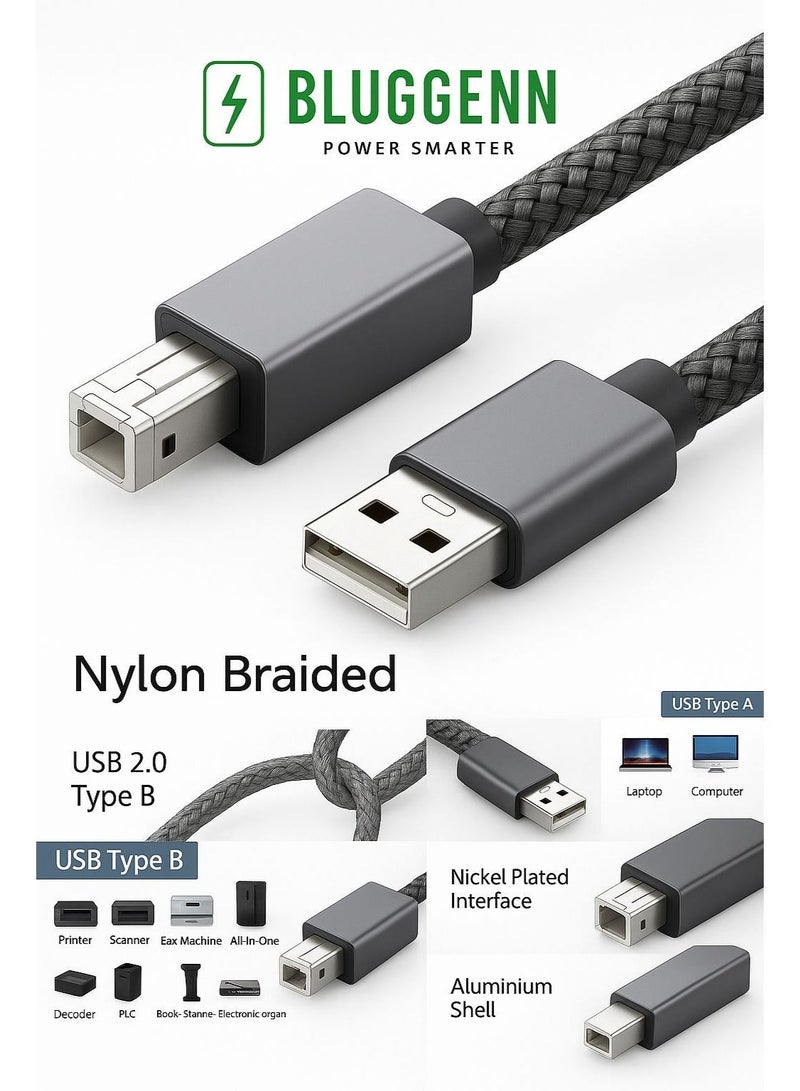 بلجن كابل طابعة USB 2.0 عالي السرعة بتصميم نايلون مجدول – وصلة من USB Type-A إلى USB Type-B للطابعات والسكانر والفاكس – هيكل ألومنيوم متين ونقل بيانات 480Mbps - Image 1
