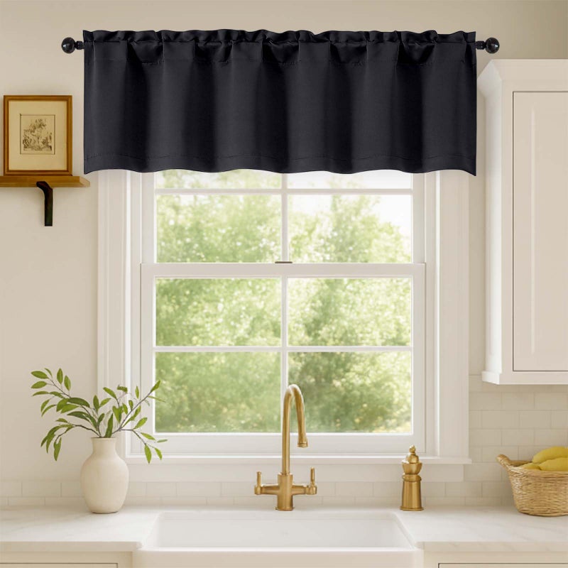 WelvetBLK Black Valances for Windows 1 Piece, Soft Solid Thermal Insulated Blackout Small Kitchen Window Curtains for Bathroom Basement Cafe, Rod Pocket, Black, 60" Wx14 L - Image 1