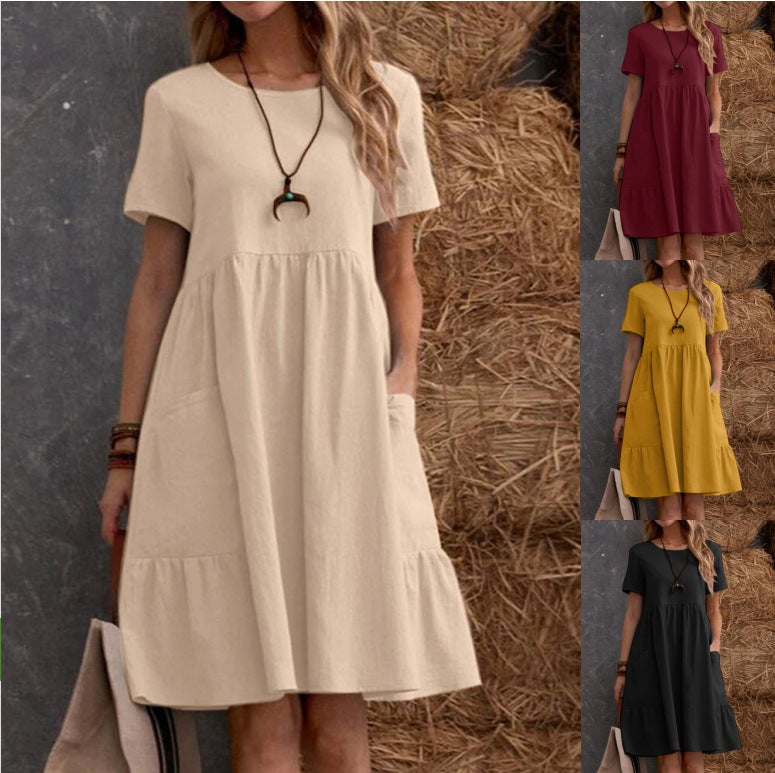 Vintage Loose Cotton-Linen Round Neck Dress - Image 1