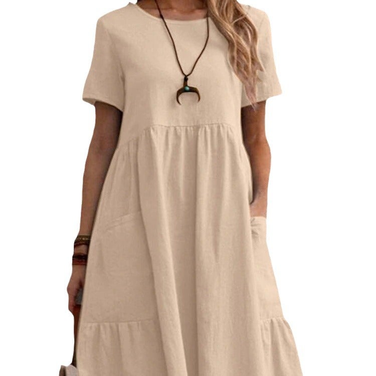Vintage Loose Cotton-Linen Round Neck Dress - Image 5