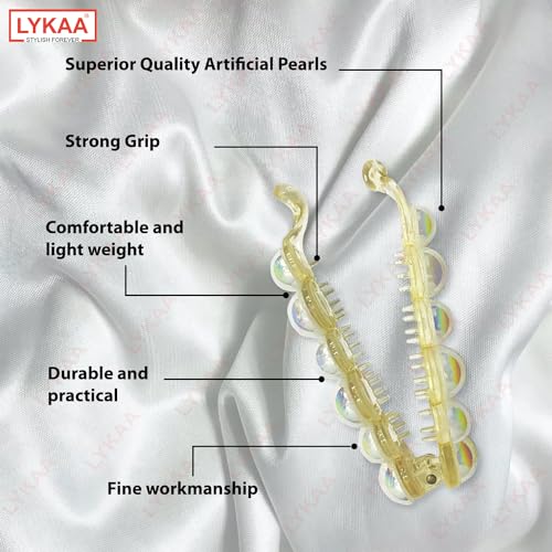 LYKAA Stylish White Pearl Banana Ponytail Holder Thick Fine Hair Clutchers French Barrettes Teeth Inside Slide Jaw Clips Wedding Designer Fancy Hair Clips For Women & Girls | (Pack of 2) - Image 4