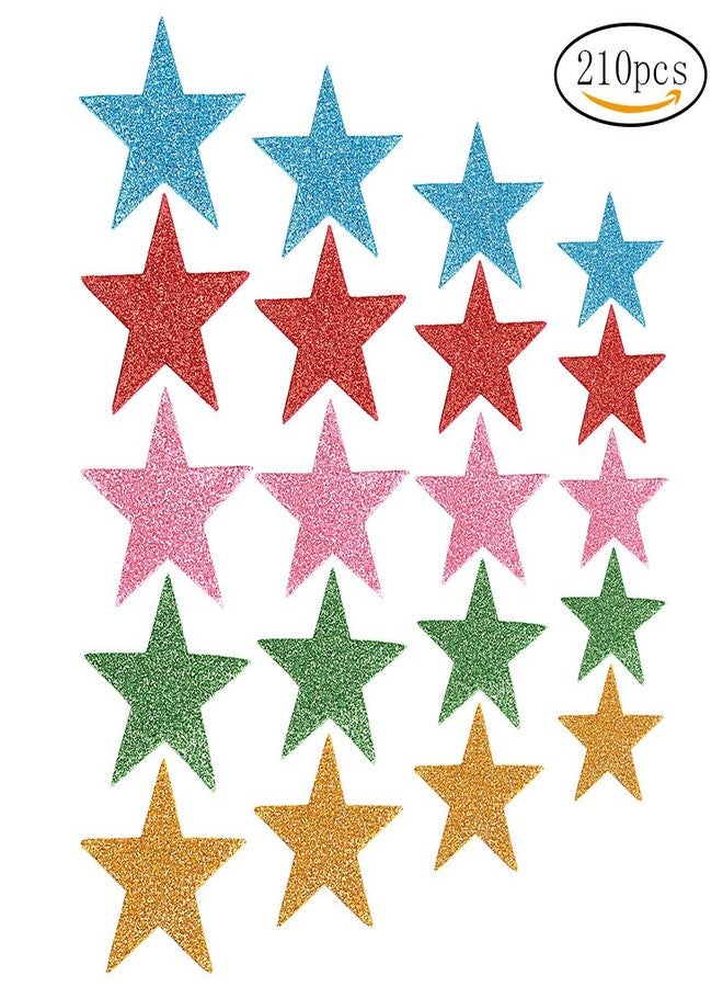 WODE 210 Pieces Colorful Glitter Foam Star Stickers, Self Adhesive Shaped Wall Stickers for Kid's Arts Craft Supplies Home Birthday Party Decoration (4 Sizes) - Image 2
