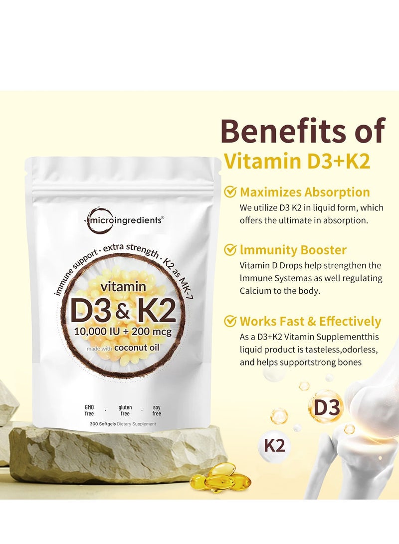 microingredients Vitamin D3 10000 iu Plus K2 MK 7 200 mcg 300 Virgin Coconut Oil Softgels 2 in 1 Vitamins D K Complex Supports Calcium Absorption Bone Immune Heart Health Easy to Swallow  - Image 5